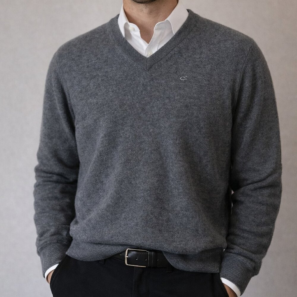 Casablanca Premium Sweater Men’s Size 44 Pure Wool Extra fine Grey V-Neck